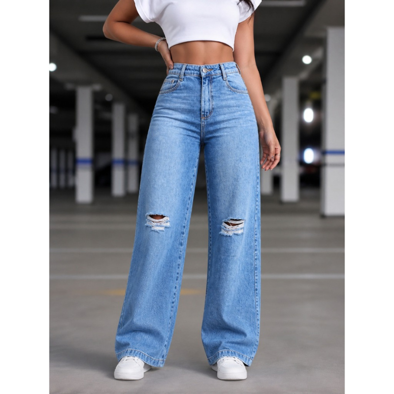 Calça Wide Leg Jeans — Cós Alto Estruturado