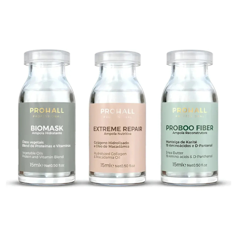 Kit 3 Ampolas Cronograma Tratamento Capilar Premium - Hidratação, Nutrição e Reconstrução