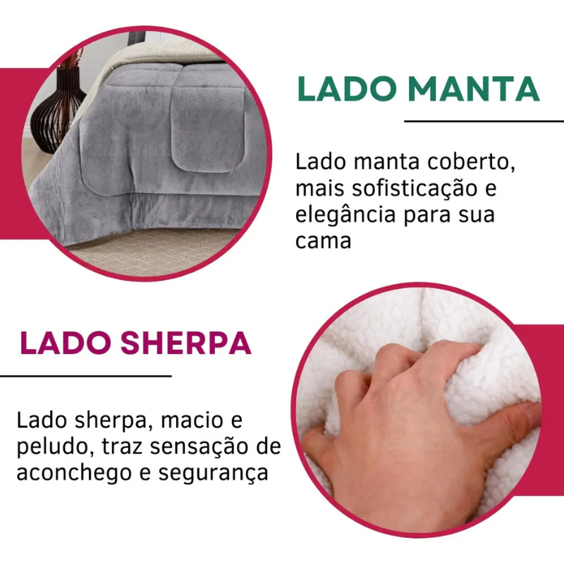 Coberdrom Sherpa Dupla Face — Aveludado por Fora, Quentinho por Dentro | Solteiro ao King